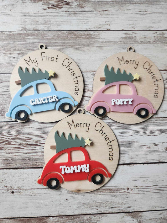 Personalised Round Acrylic Christmas Ornament – Vintage Car with Tree Decoration image 0