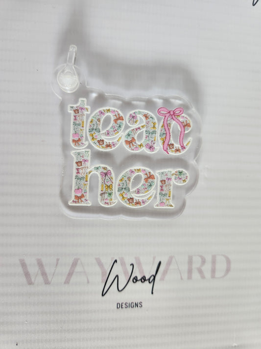 Floral ‘Teacher’ Word Art Keyring image 0