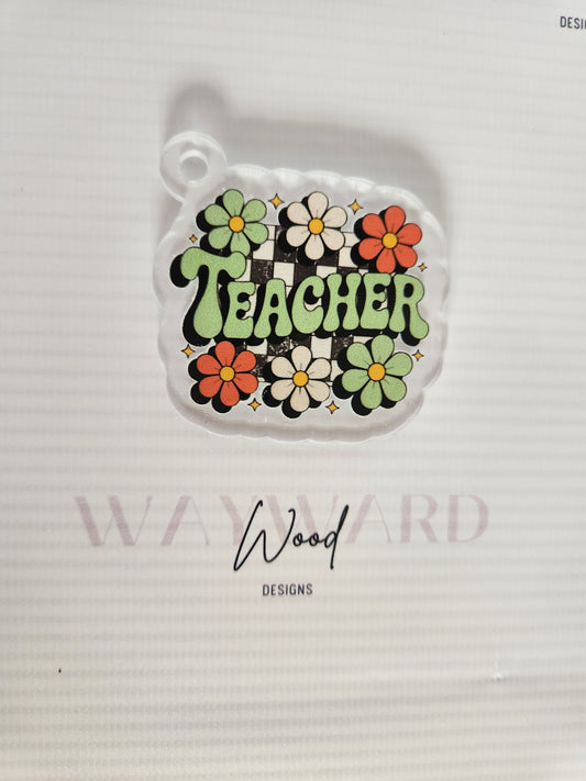 Green ‘Teacher’ Floral Keyring image 0