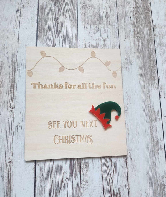 Wooden Elf Farewell Sign – “Thanks for All the Fun” Christmas Decoration image 0